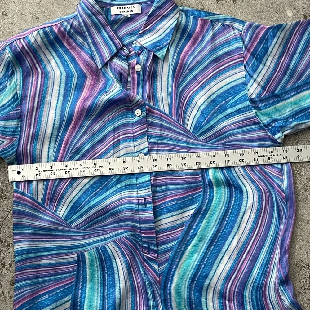 Frankie’s Bikinis Fifi Sustainable blue purple swirl cover up shirt. Size XS
